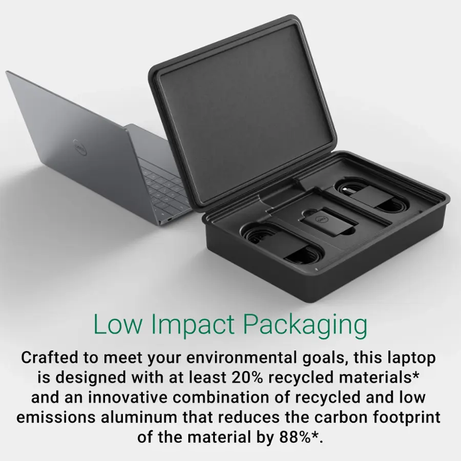 Low Impact Packaging Crafted to meet your environmental goals, this laptop is designed with at least 20% recycled materials* and an innovative combination of recycled and low emissions aluminum that reduces the carbon footprint of the material by 88%*.