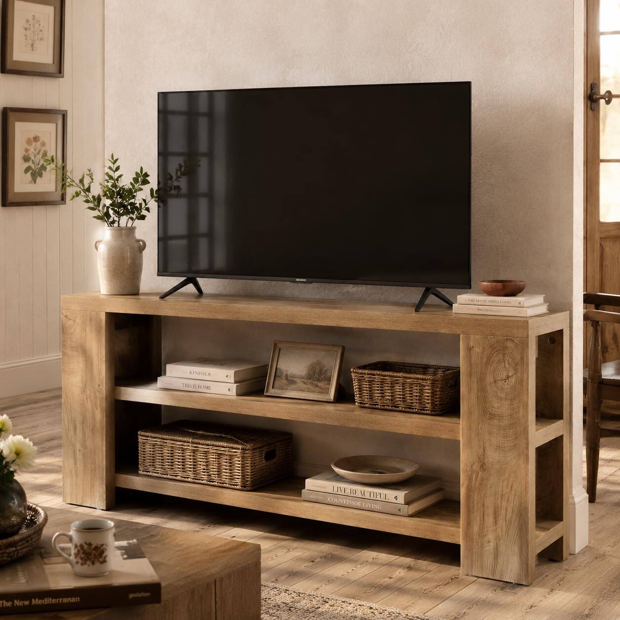 Tribesigns - 70.9-Inch Farmhouse TV Stand with 3-Tier Open Storage Shelves and Reinforced Wood Frame - Natural