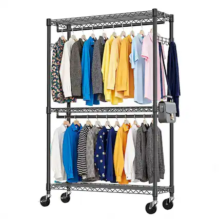 Front. Mirfee - 3-Tier Rolling Garment Rack with Double Rods & Side Hooks, 79.6" H Heavy Duty Clothes Rack, Black Freestanding Wardrobe - Black.