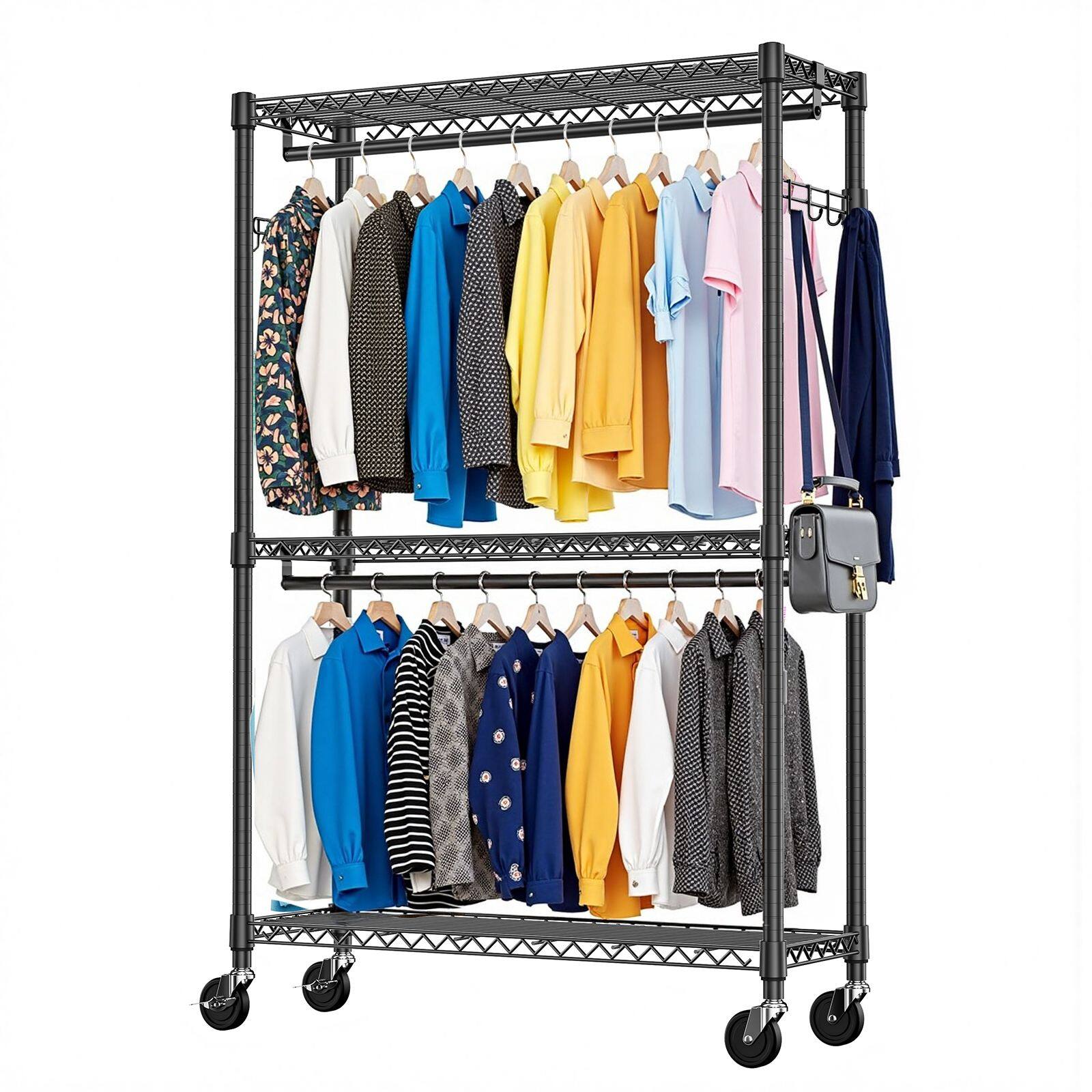 Front. Mirfee - 3-Tier Rolling Garment Rack with Double Rods & Side Hooks, 79.6" H Heavy Duty Clothes Rack, Black Freestanding Wardrobe - Black.