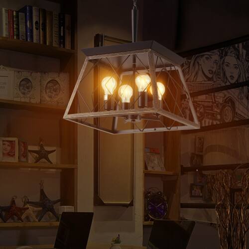 Left. LUCKY ONE - 16in Hanging Industrial Chandelier, 4-Light Black Gold Metal Cage Pendant for Dining Room Kitchen - Golden Black.
