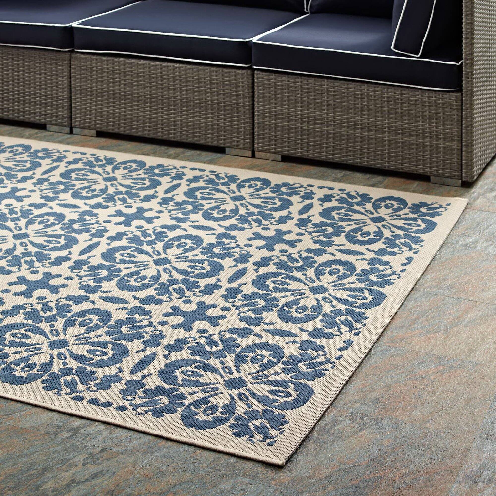 Back. Modway - Ariana Vintage Floral Trellis Indoor and Outdoor Area Rug - Blue and Beige.
