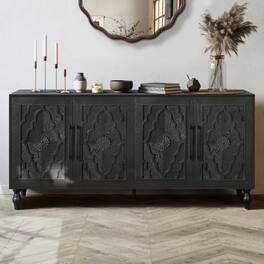 LUCKY ONE - Freestanding Large Storage Cabinet with Carved Flower Door Metal Handle for Living Room Kitchen Entryway - Black