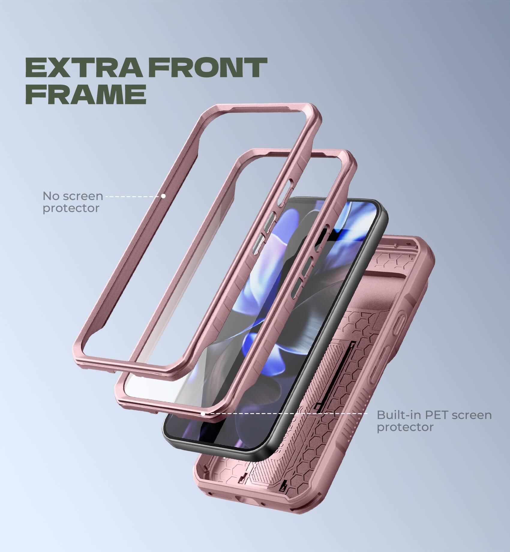EXTRA FRONT FRAME

No screen protector

Built-in PET screen protector