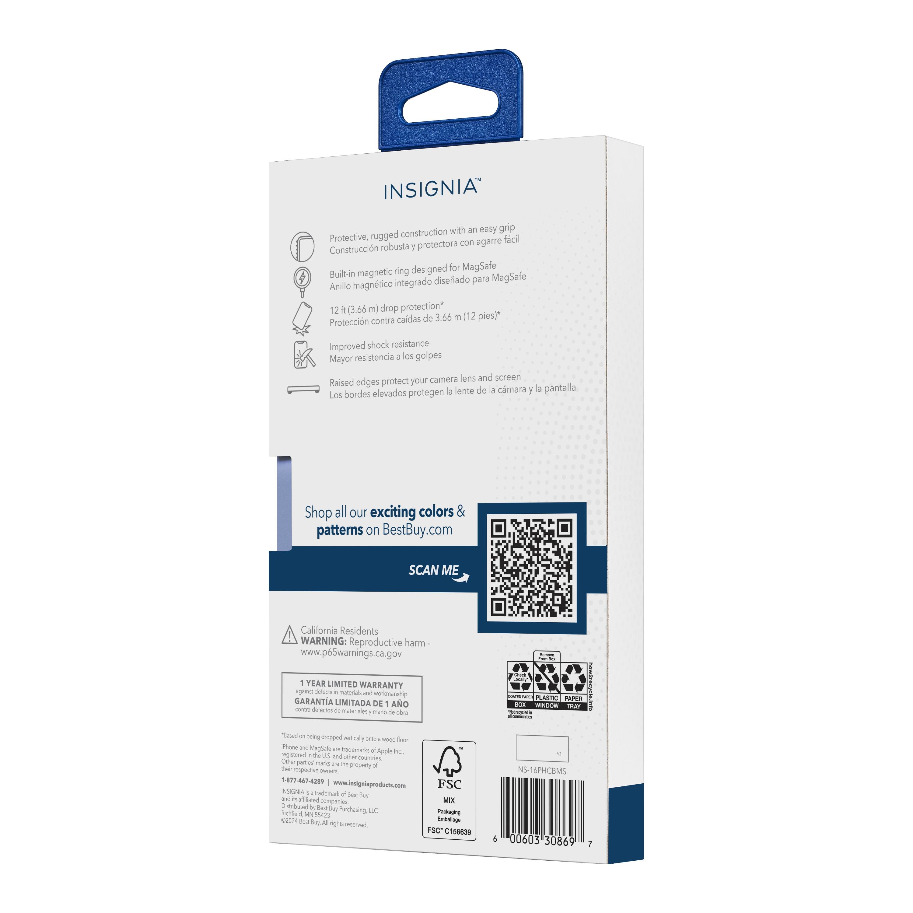 The text on the image is in Spanish, so I'll provide a summary of the content in English. The image features a white box with a blue handle, which is a product by Insignia. The box contains a magnetic ring designed for MagSafe, providing drop protection for a camera lens and screen. The product is available in various colors and patterns, and it has a limited warranty. The box also has a barcode, which can be scanned for more information.