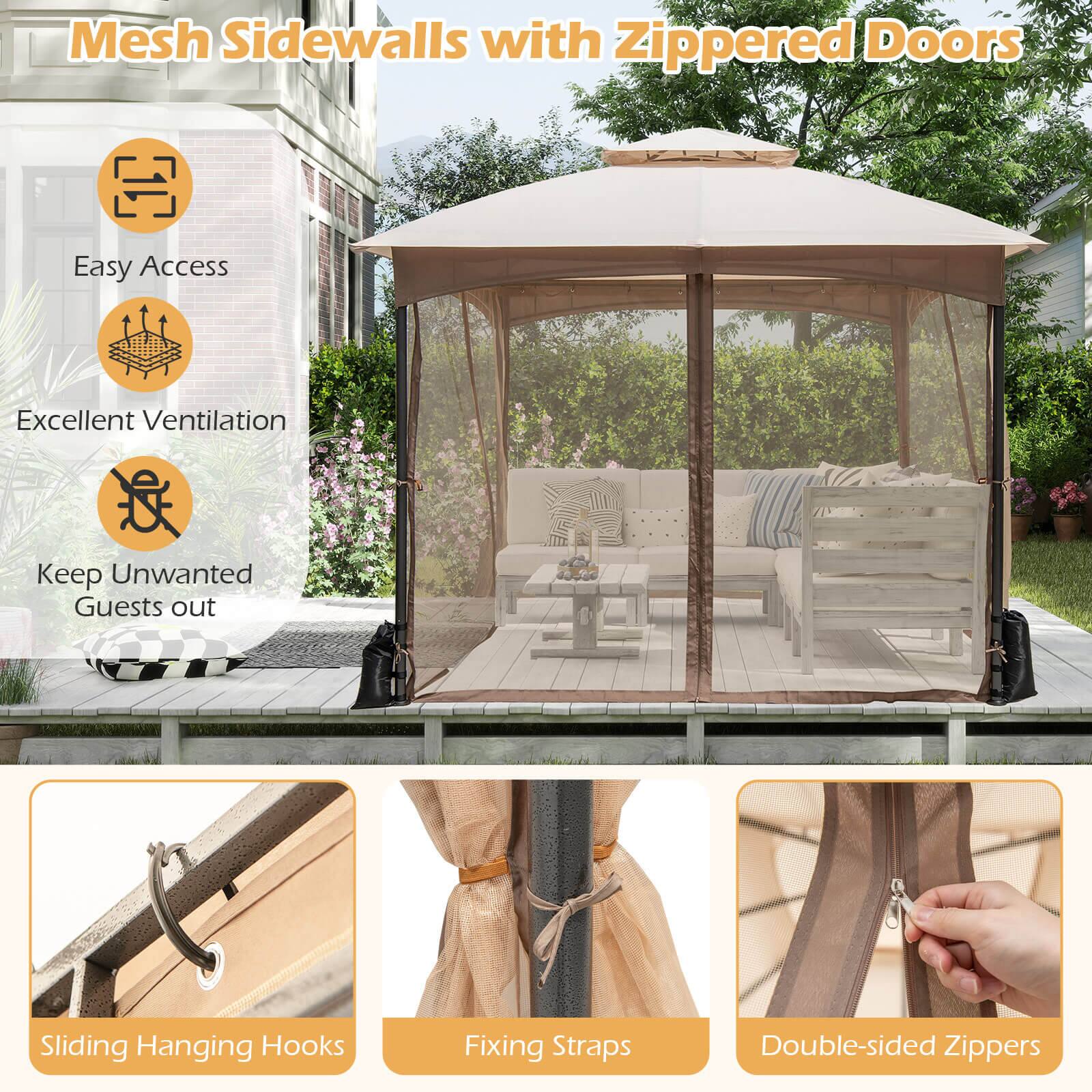 Mesh Sidewalls with Zippered Doors
Easy Access
Excellent Ventilation
Keep Unwanted Guests out
Sliding Hanging Hooks
Fixing Straps
Double-sided Zippers