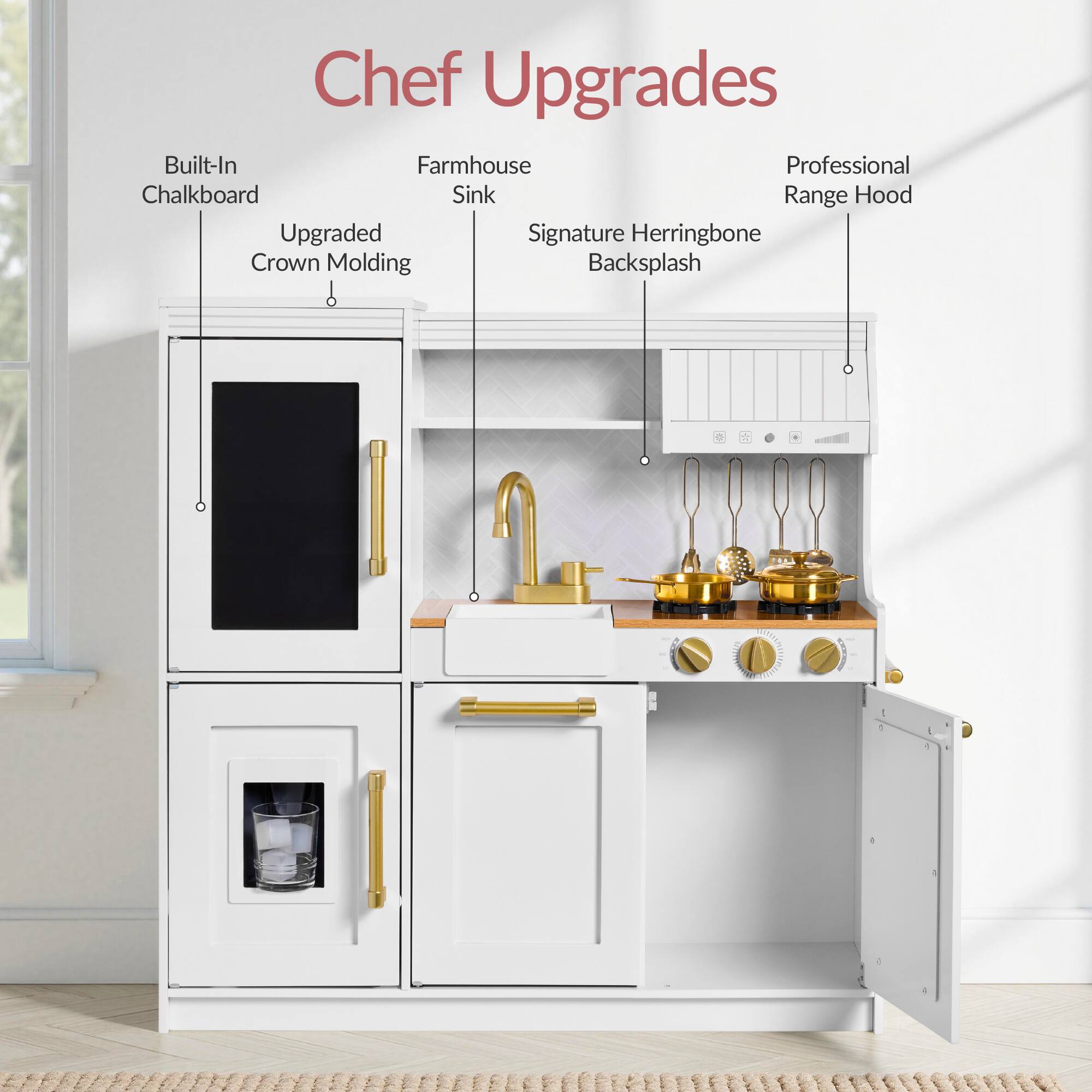 Chef Upgrades: Built-In Chalkboard, Farmhouse Sink, Upgraded Crown Molding, Signature Herringbone Backsplash, Professional Range Hood