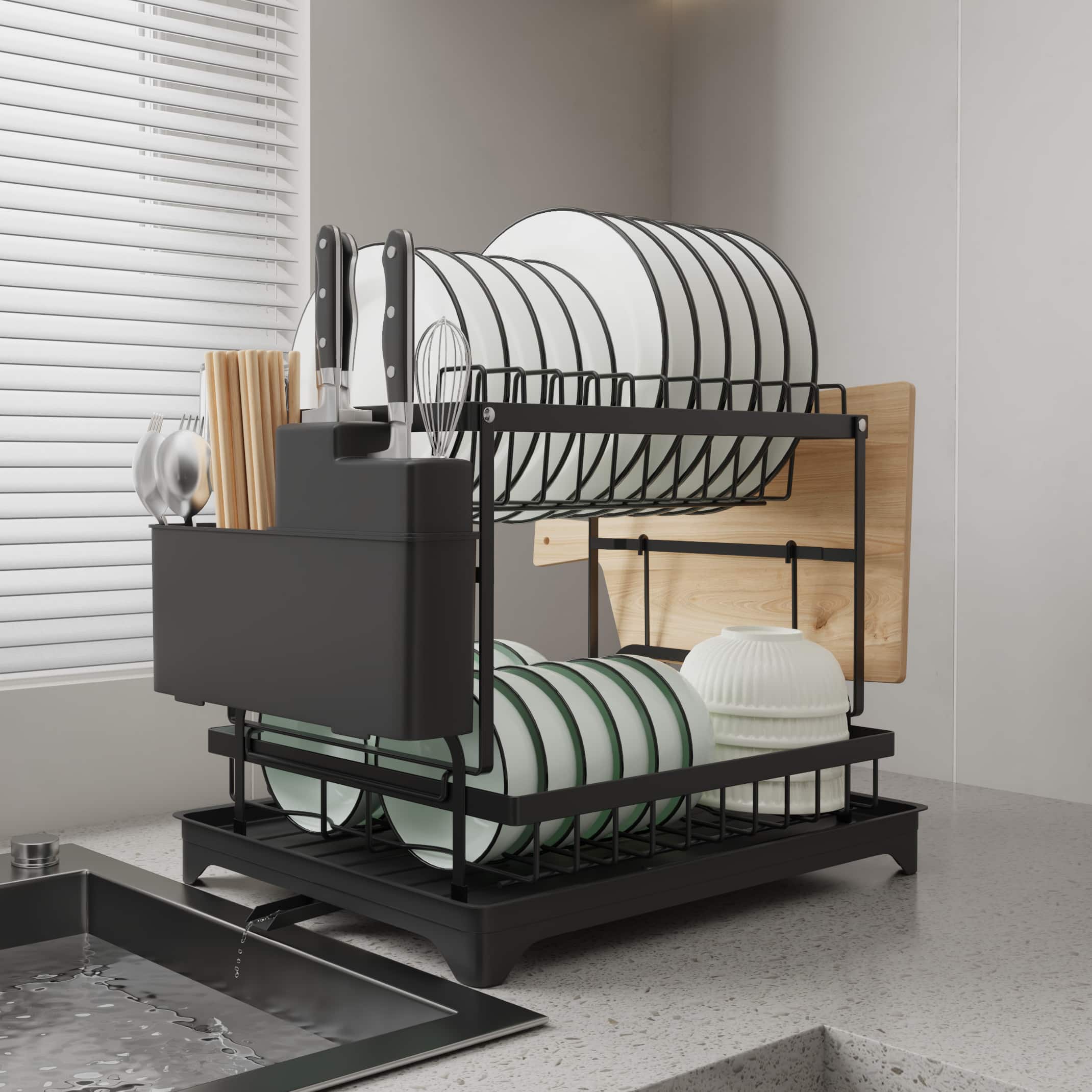 Malletson - 2-Tier Anti-Rust Dish Drying Rack with Drainage Spout Kitchen Organizer with Cutting Board Holder - Black
