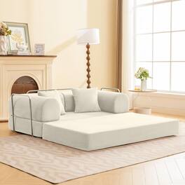 Brick Attic - 4-in-1 Folding Convertible Floor Sofa Bed, 63 Inch Oversized Modern Fabric Boneless Couch for Living Room Bedroom Lounge - Beige