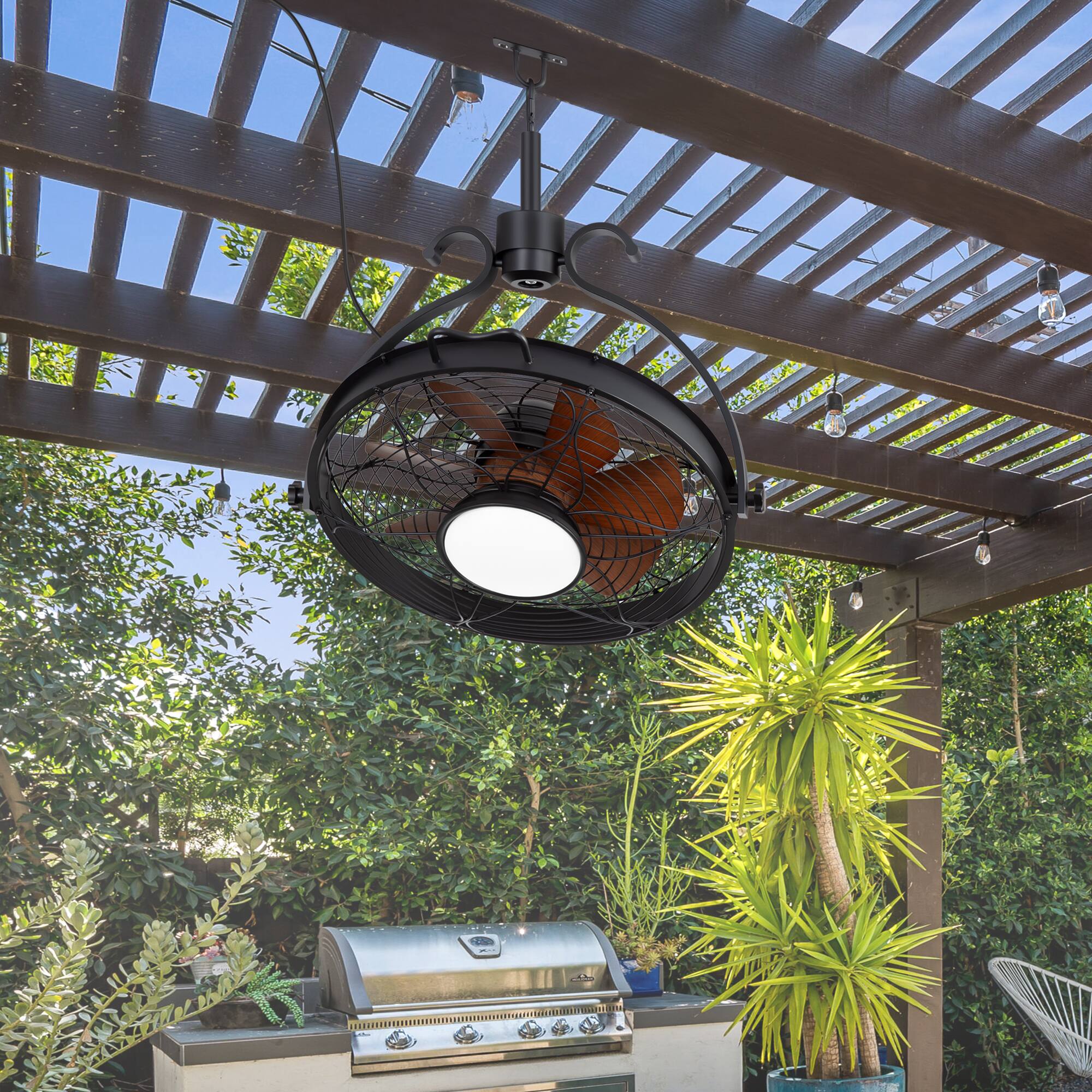 Alt View 4. Breezary - 23.6" Hook-Mount Waterproof Ceiling Fan with 3-Color Light, 6-Speed Remote Control, Timer, Memory, 7 Blades, Outdoor Use - Matte Black and Wood Grain.