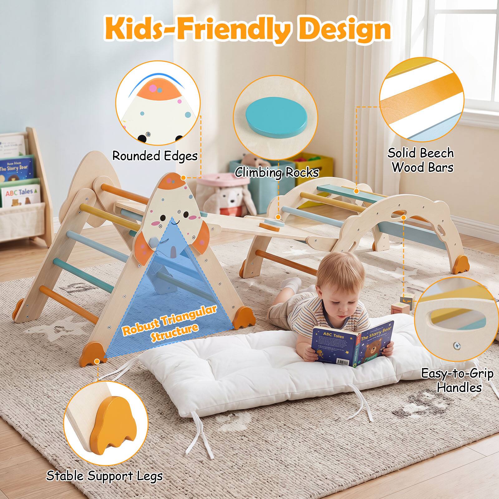 Kids-Friendly Design

- Rounded Edges
- Climbing Rocks
- Solid Beech Wood Bars
- Robust Triangular Structure
- Easy-to-Grip Handles
- Stable Support Legs