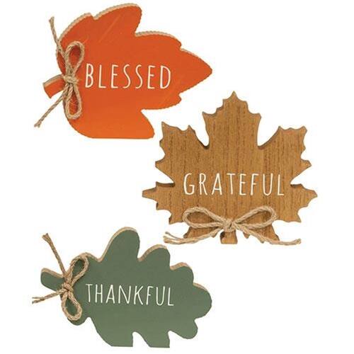 BreeBe - Thankful Grateful Blessed Wood Leaf Sitter 3 Asstd - Orange, Green, Brown