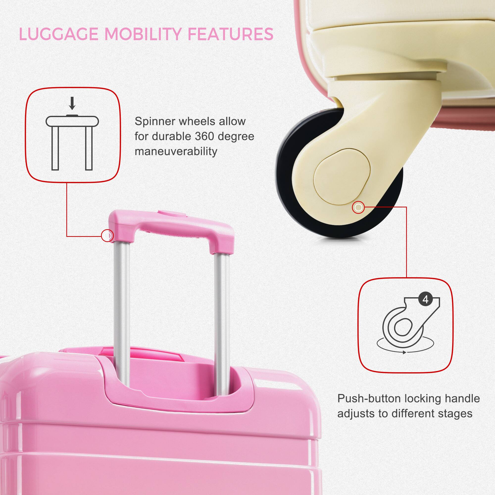 LUGGAGE MOBILITY FEATURES

Spinner wheels allow for durable 360 degree maneuverability

Push-button locking handle adjusts to different stages