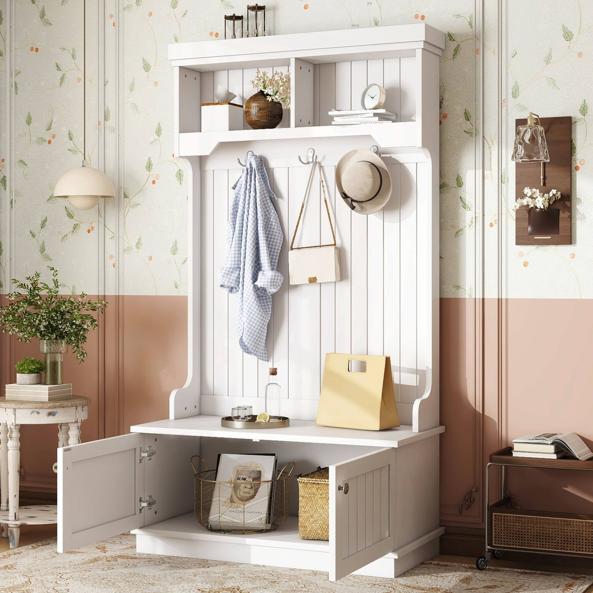 Angle. GOODSILO - Multifunctional Entryway Hall Tree with Coat Racks Shoe Bench Storage Cabinet and Display Shelf - White.