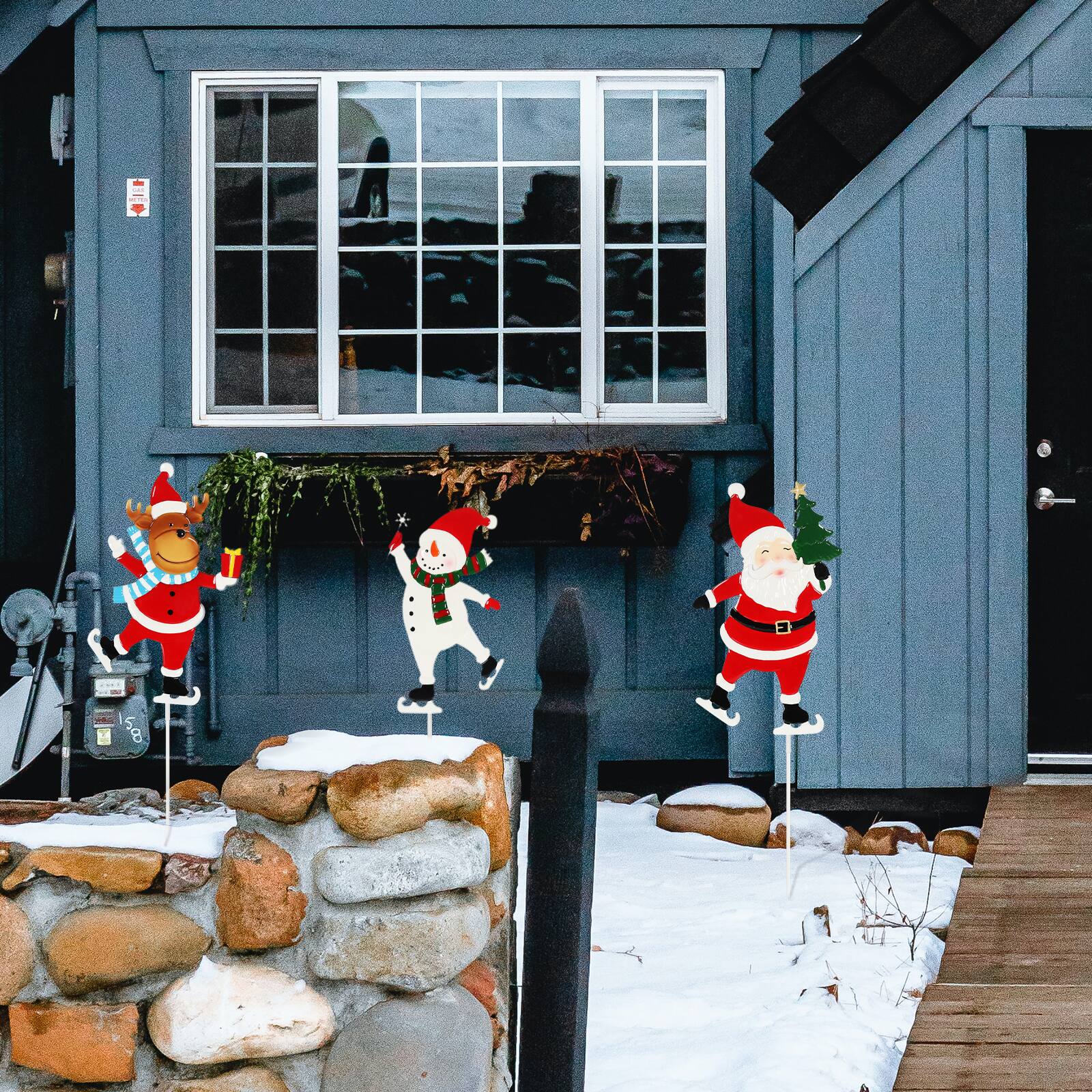 Alt View 1. Oumilen - 3‑Pack Christmas Skating Character Garden Stakes – Metal Signs with Santa, Snowman & Reindeer for Lawn Pathway.
