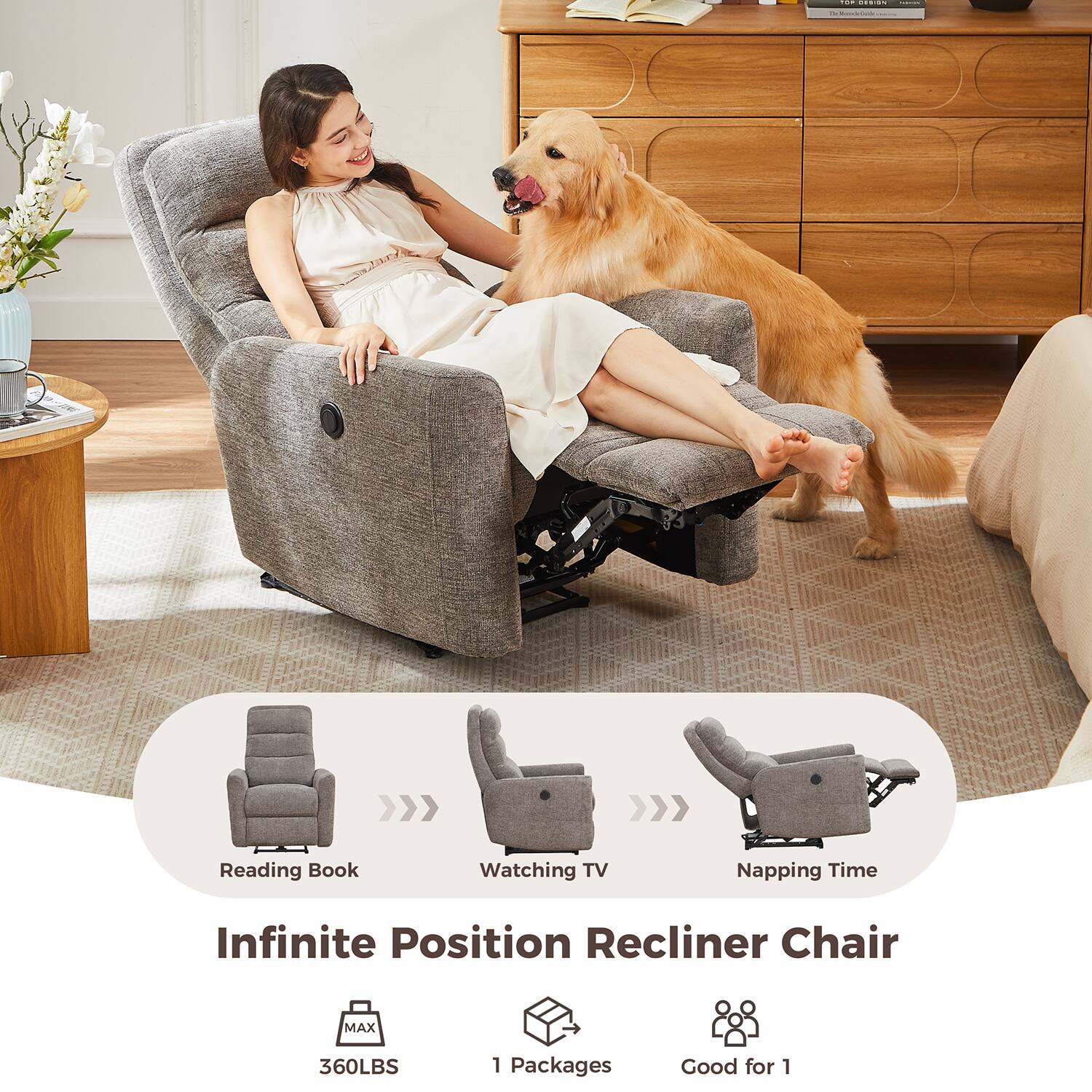 FOR DESIGN

MeNondeSeGor.com

Reading Book  
Watching TV  
Napping Time  

Infinite Position Recliner Chair  

MAX  
360LBS  
1 Packages  
Good for 1