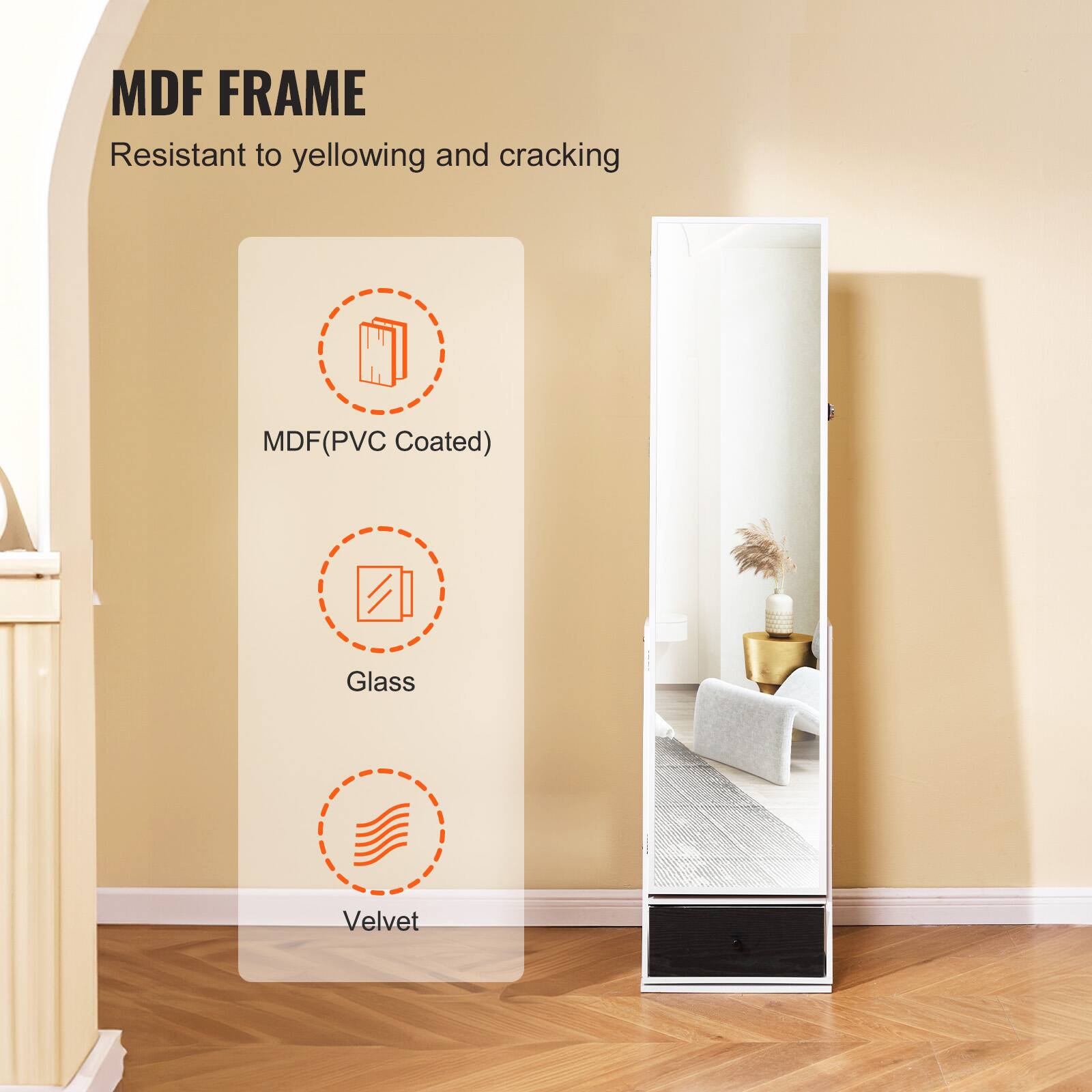 MDF FRAME  
Resistant to yellowing and cracking  

MDF(PVC Coated)  
Glass  
Velvet