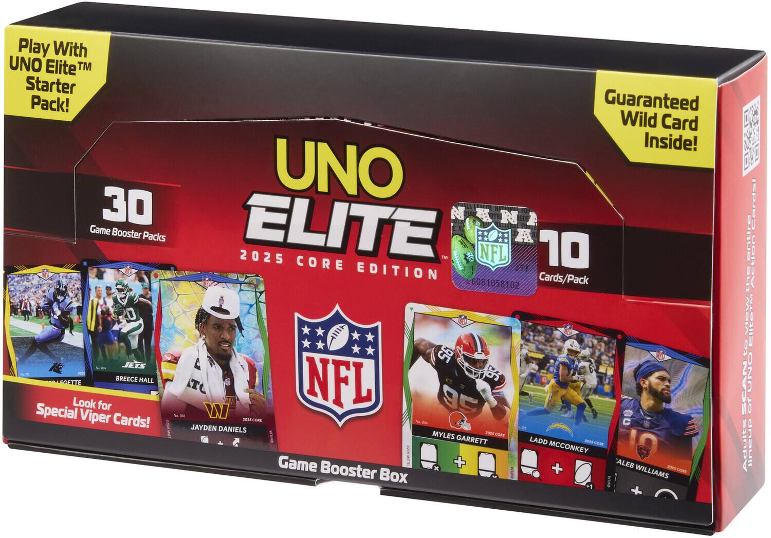 Play With UNO Elite™ Starter Pack!  
Guaranteed Wild Card Inside!  

UNO ELITE  
2025 CORE EDITION  

30 Game Booster Packs  
10 Cards/Pack  

Look for Special Viper Cards!  

Game Booster Box  

NFL  
2025 CORE  

JETT EGETTE  
BREECE HALL  
JAYDEN DANIELS  
MYLES GARRETT  
LADD MCCONKEY  
CALEB WILLIAMS  

Cards/Pack  

Scan the QR code to view Elite Ti