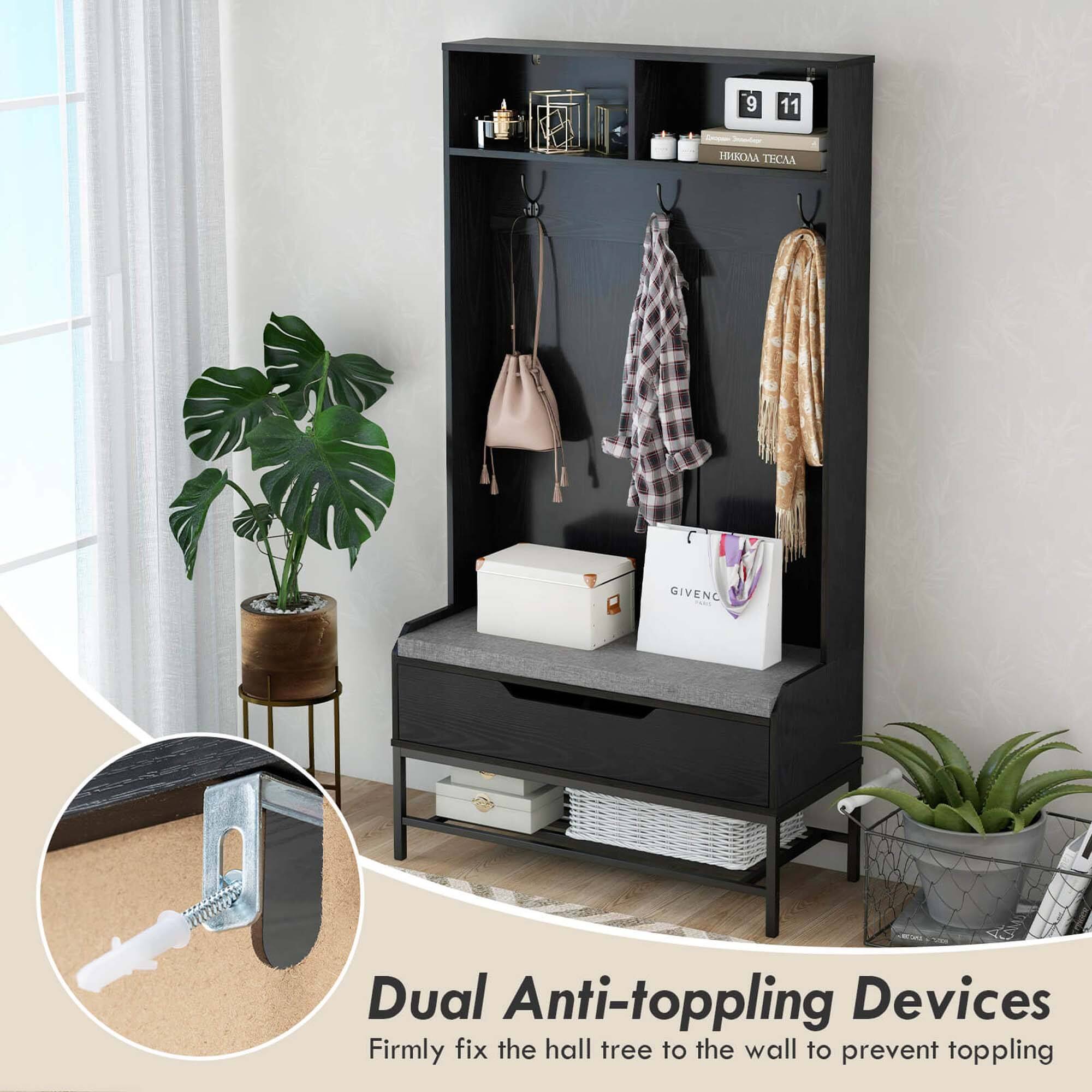 Dual Anti-toppling Devices  
Firmly fix the hall tree to the wall to prevent toppling