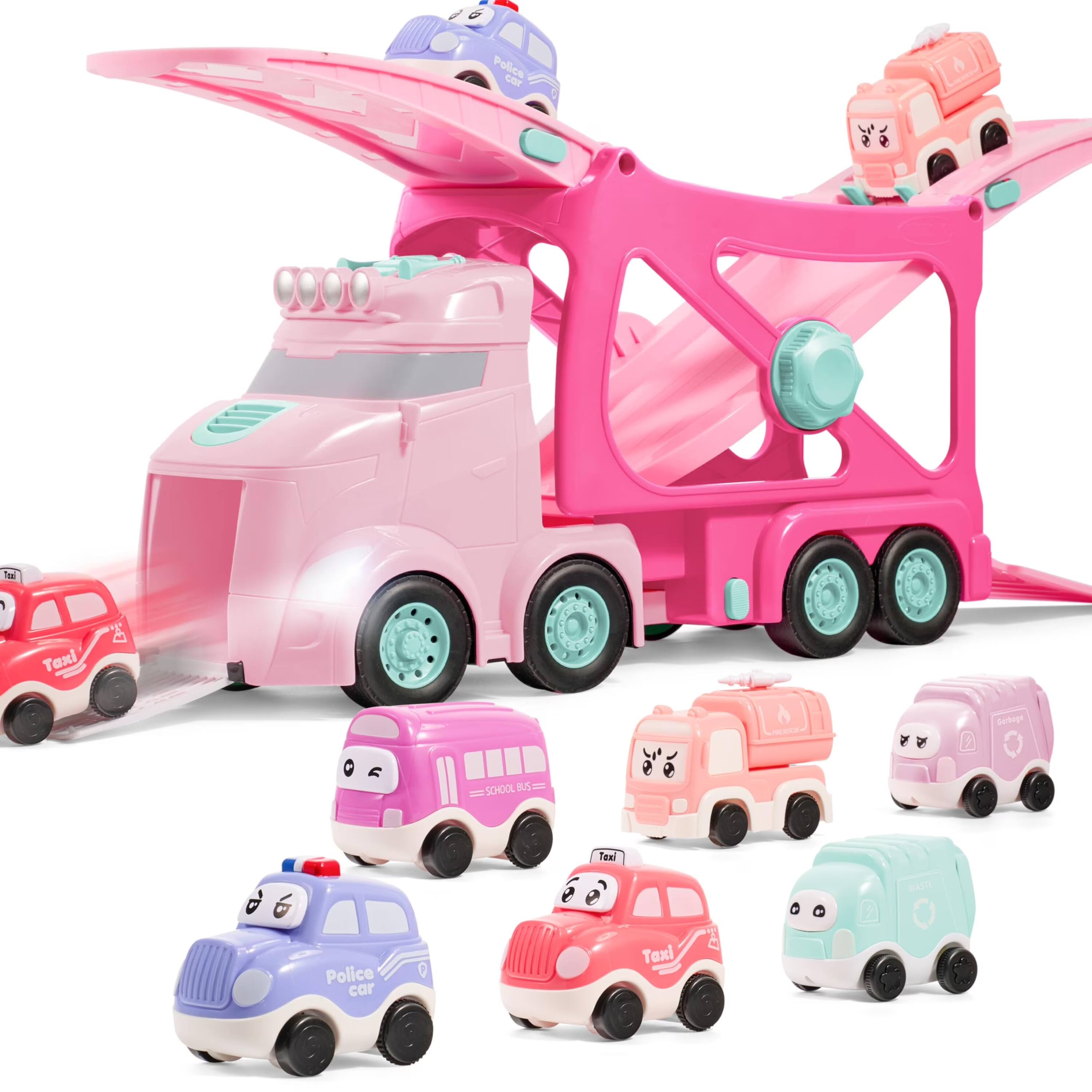 Joyfy - 3-Layer Extra Large Construction Truck Toys, 7-in-1 Big Transport Vehicle Carrier Truck, Chrismas Birthday Gifts for 3+ - Multicolored