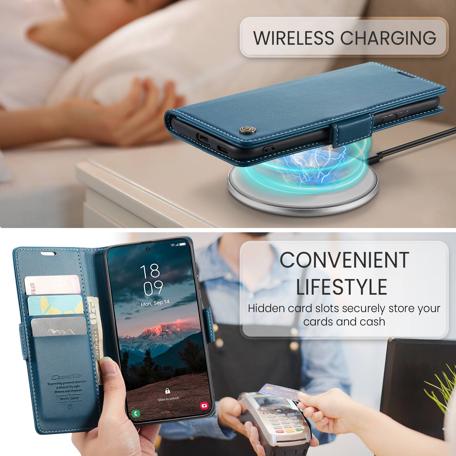 WIRELESS CHARGING

CONVENIENT LIFESTYLE

Hidden card slots securely store your cards and cash