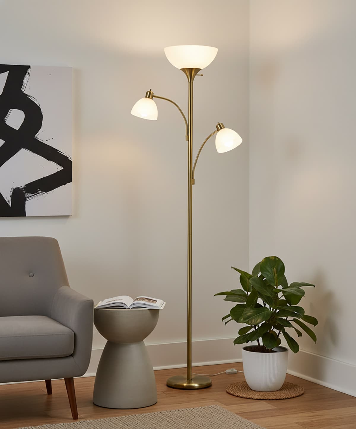 Alt View 3. FINEAK - Sky Dome Double LED Torchiere Floor Lamp - Brass Pole Dimmable Tall Standing Lamp with 2 Reading Lights - Gold.