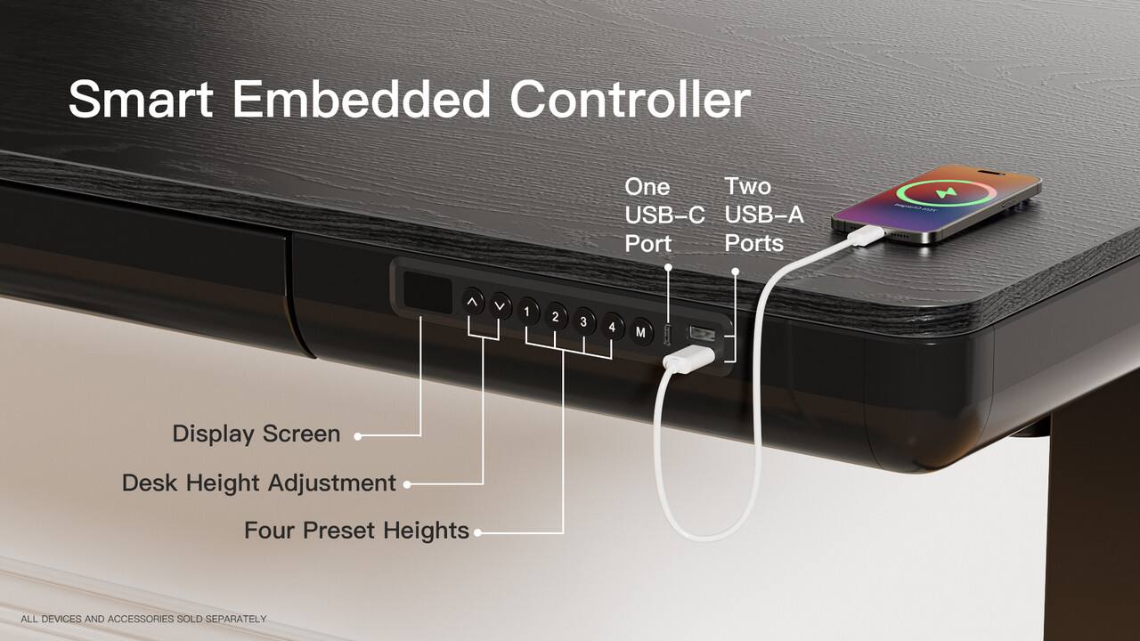 Smart Embedded Controller

- Display Screen
- Desk Height Adjustment
- Four Preset Heights

One USB-C Port
Two USB-A Ports

All devices and accessories sold separately.