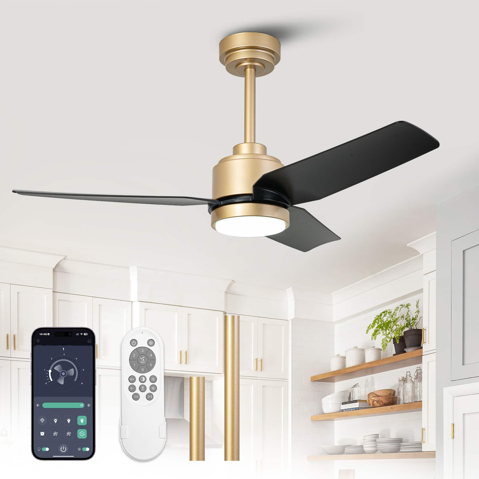 Front. Vaczon - 42" Modern Gold ABS 3-Blade Smart Ceiling Fan with Light and APP Control - Gold.