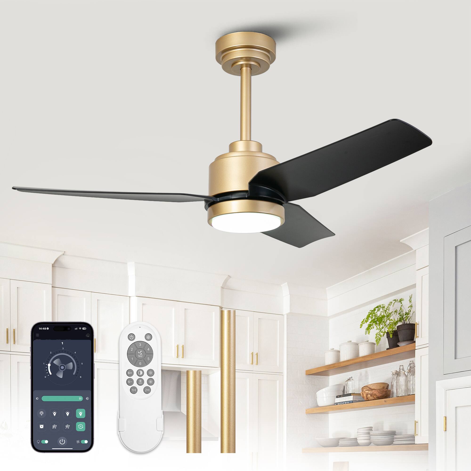 Front. Vaczon - 42" Modern Gold ABS 3-Blade Smart Ceiling Fan with Light and APP Control - Gold.
