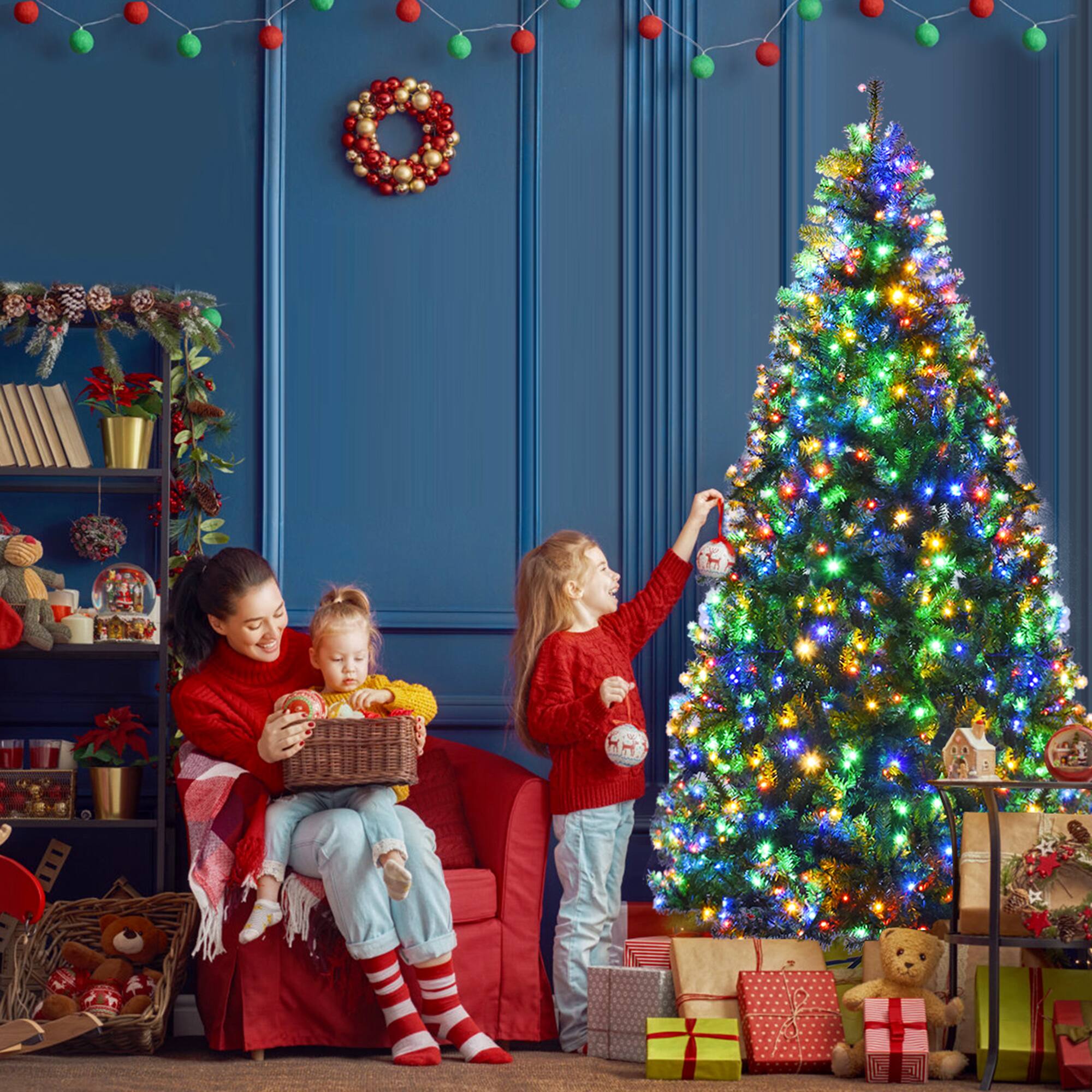 Alt View 1. Gymax - Gymax 7FT Pre-Lit Christmas Tree Hinged Artificial Tree w/ Colorful LED Lights - Green.