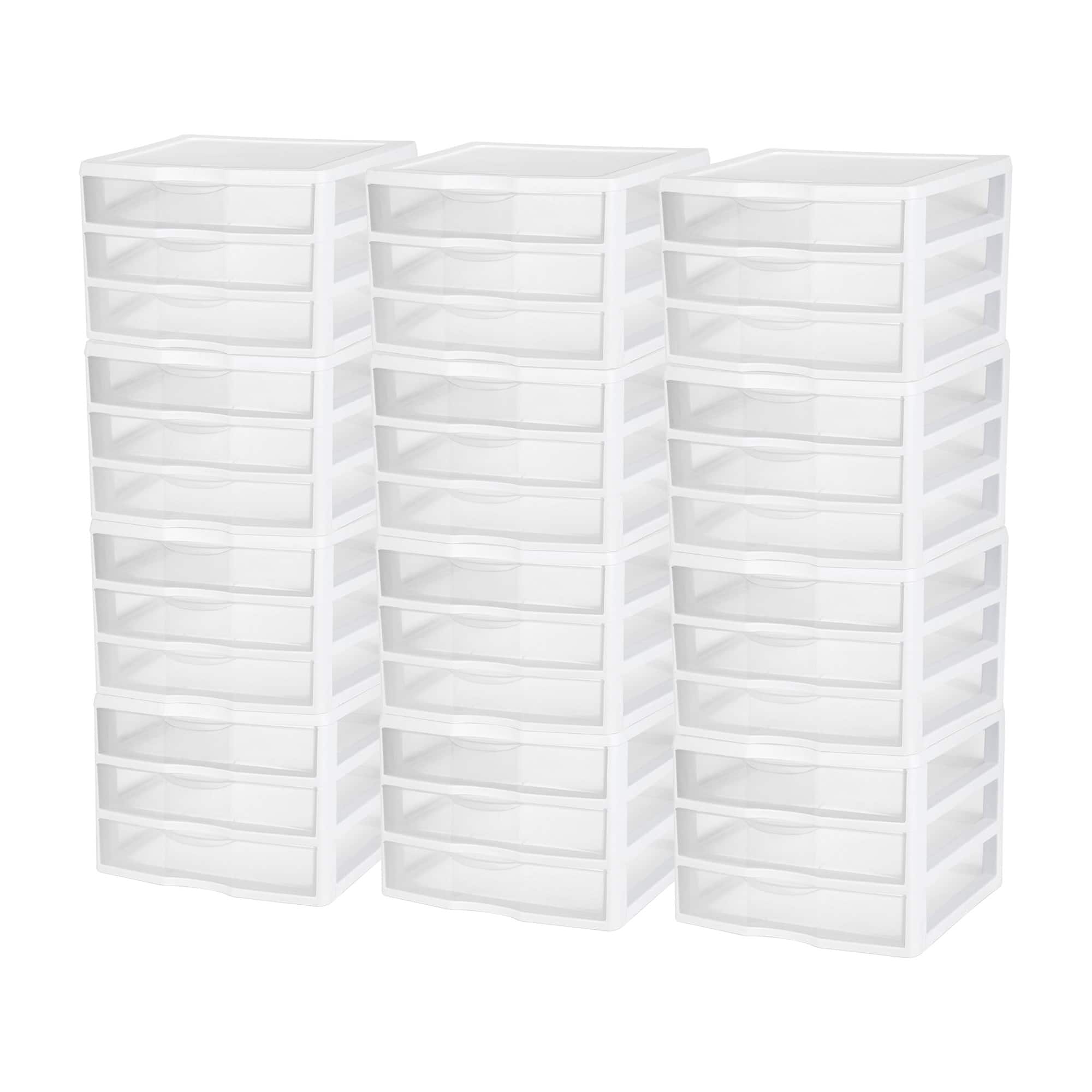 Sterilite - Clear Plastic Stackable Small 3 Drawer Storage System, White, (12 Pack)