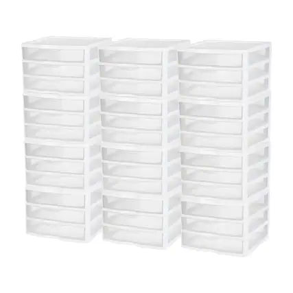 Front. Sterilite - Sterilite Clear Plastic Stackable Small 3 Drawer Storage System, White, (12 Pack).