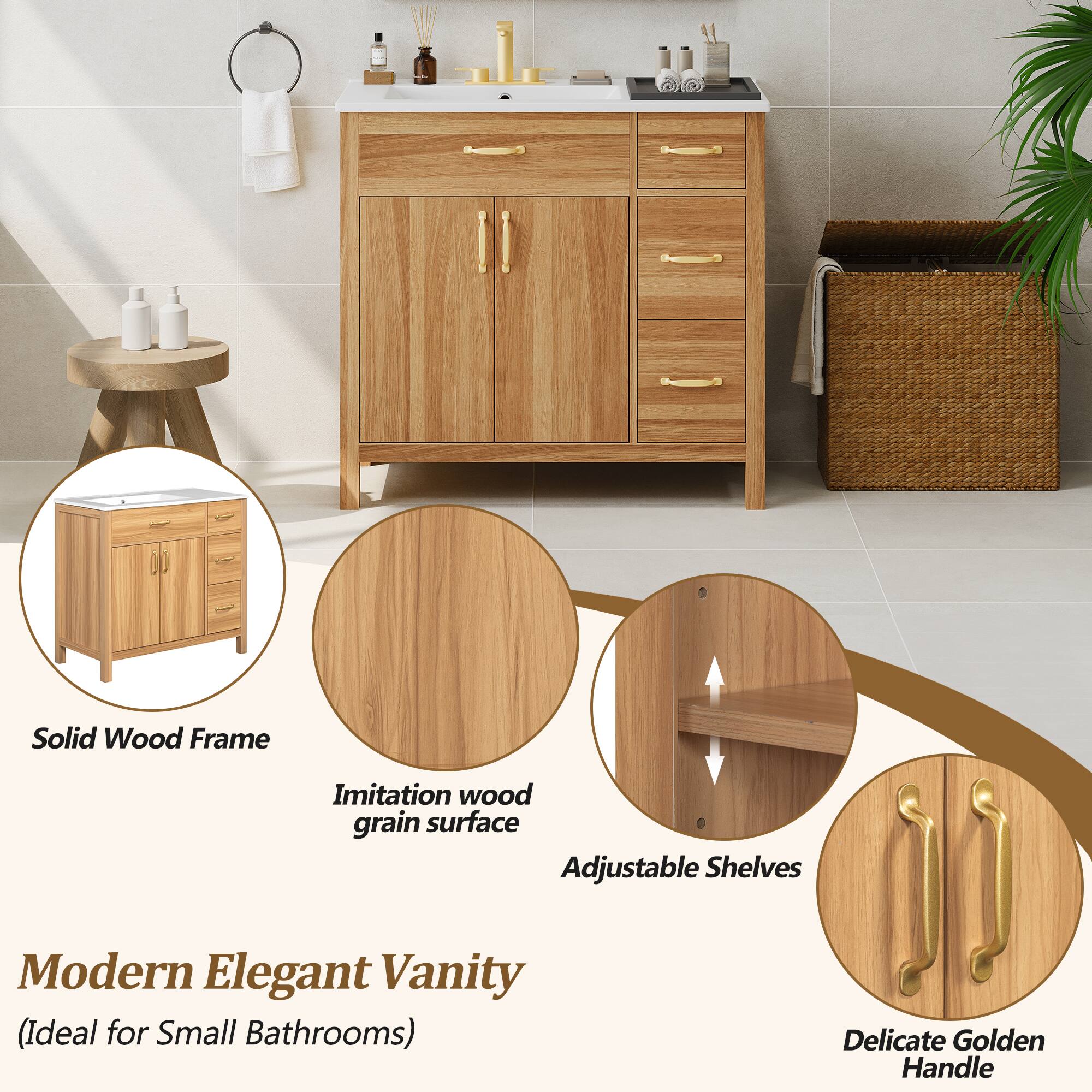 Modern Elegant Vanity (Ideal for Small Bathrooms)

- Solid Wood Frame
- Imitation wood grain surface
- Adjustable Shelves
- Delicate Golden Handle