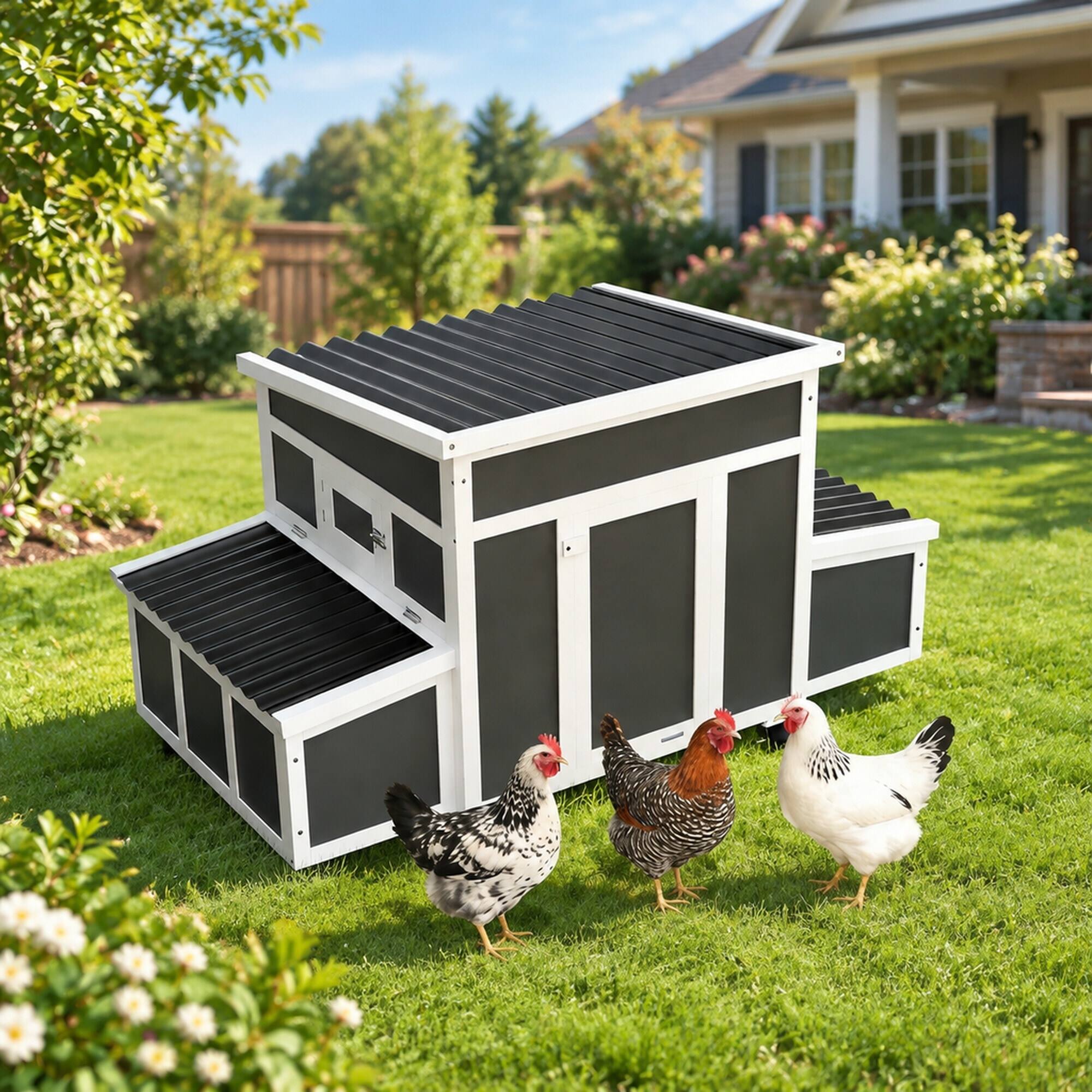 Left. RYHNUYNE - Wooden Chicken Coop, Fir Wood and Plastic Build, 7 sq ft Activity Area, Dark Gray, Weatherproof Roof, Easy Clean Tray.