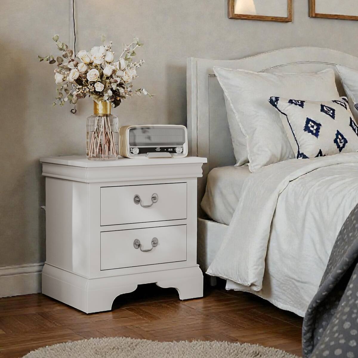 Alt View 7. Loheer - Loheer White Wooden Nightstand, Two Drawers, Classic Style - White.