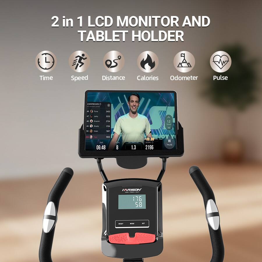 2 in 1 LCD MONITOR AND TABLET HOLDER

Time Speed Distance Calories Odometer Pulse

LEADERBOARDS
1. Fana 3453
2. Emamn 3200
3. Seals 2734
4. M? 2045
5. 2H 176
6. 58

06:48 8 1.3 2196

IARISON
176 58