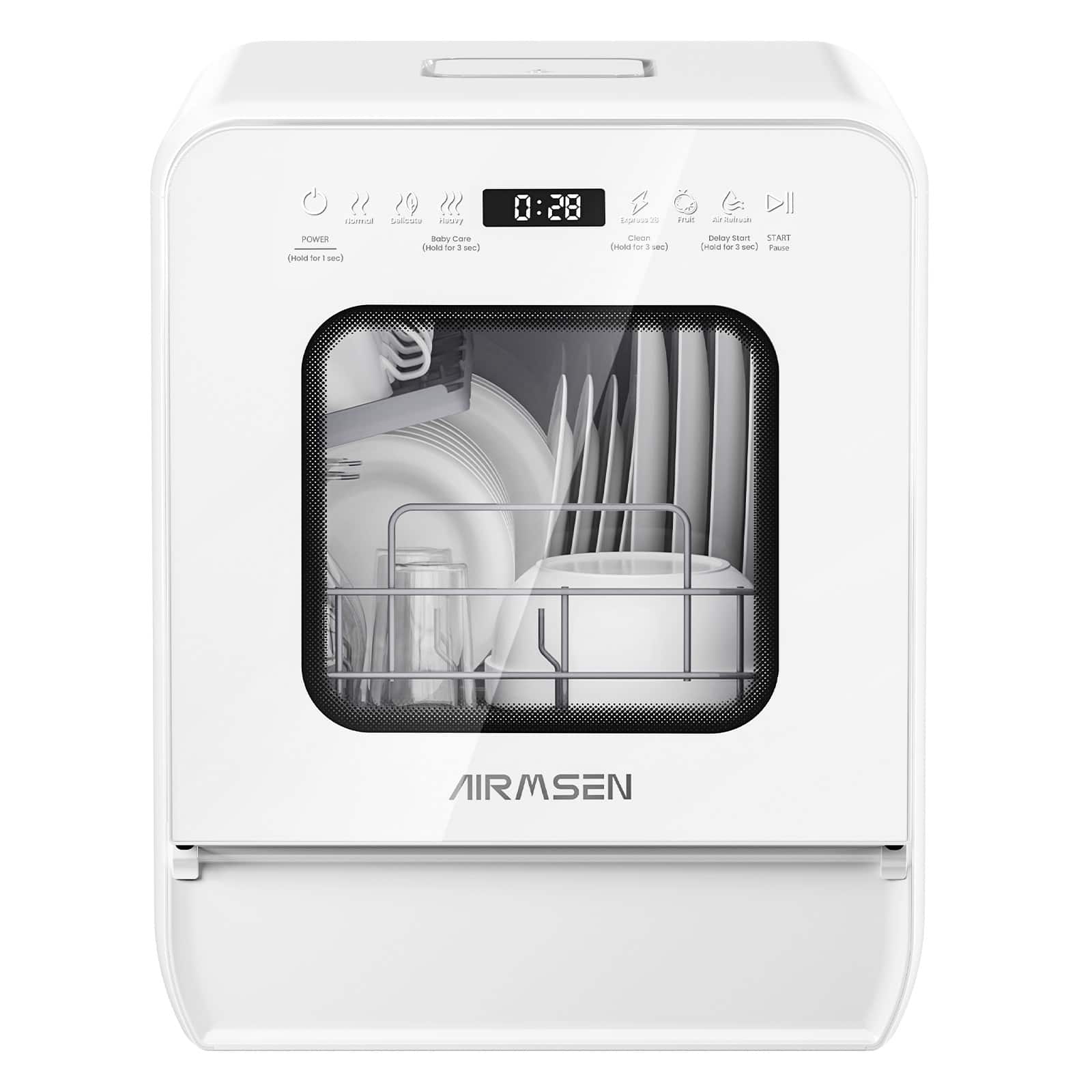 AIRMSEN - 14.6" Portable Countertop Dishwasher with Built-in Water Tank, 9-Program Mini Dishwasher with 24H Delay Start - White