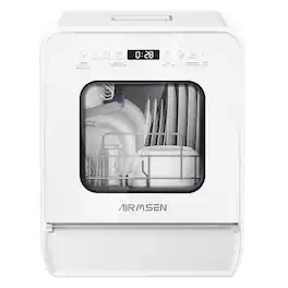 AIRMSEN - 14.6" Portable Countertop Dishwasher with Built-in Water Tank, 9-Program Mini Dishwasher with 24H Delay Start - White