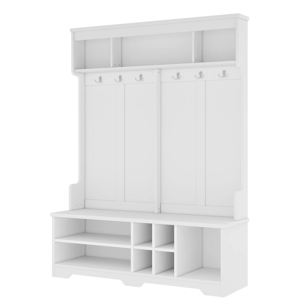 Alt View 1. Loheer - Loheer Modern White Hall Tree, Entryway Coat Rack with Shoe Cubbies, Metal Hooks, 59.1 Inch Wide - White.