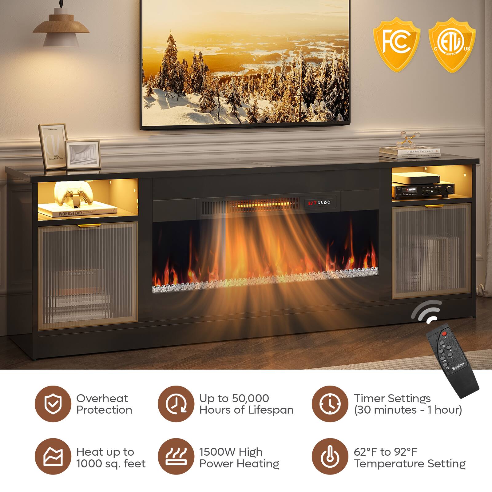 The text on the image is grouped and corrected as follows:

"FC C ETL US C LI | ( - Cne ........... .... a1a0 WORKSTATION Mester Overheat Protection Up to 50,000 Hours of Lifespan Timer Settings (30 minutes- 1 hour) Heat up to 1000 sq. feet 1500W High Power Heating 62F to 92F Temperature Setting"