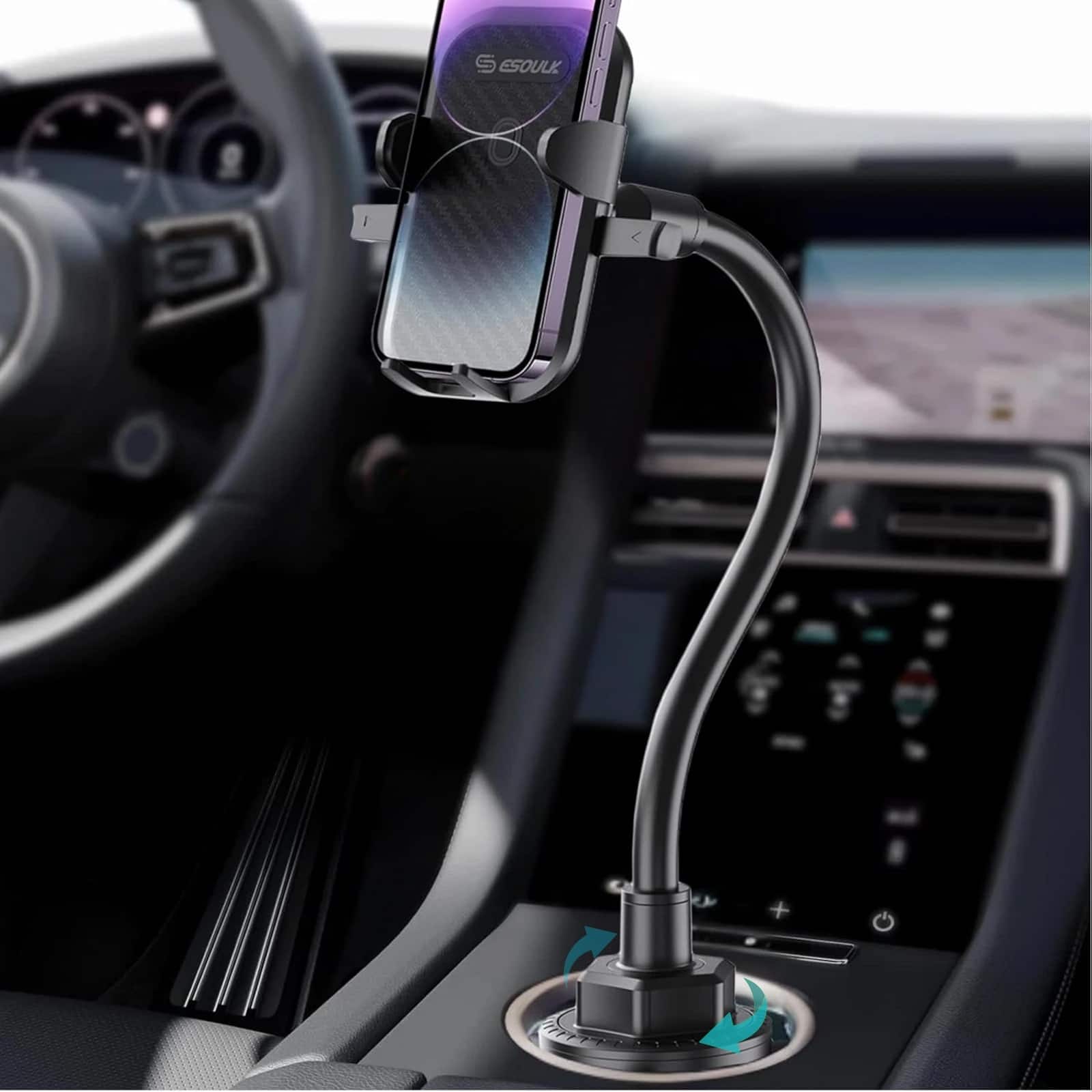 Esoulk - Universal Car Cup Holder Mount with 11 inches Adjustable Long Neck for Mobile Phones fits iPhone Samsung Google Pixel - Black