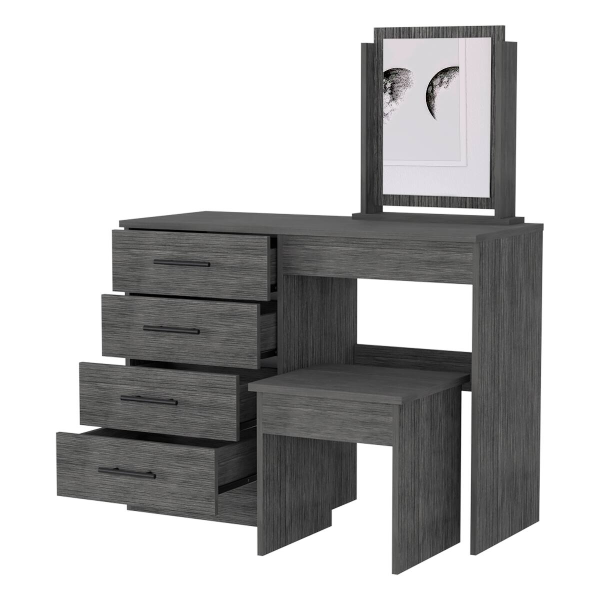Back. Loheer - Loheer Four Drawer Makeup Vanity with Stool Smokey Oak Finish - Gray.