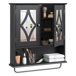 RoyalCraft - Bathroom Wall Wood Medicine Cabinet with Mirror and Towel Bar - Black