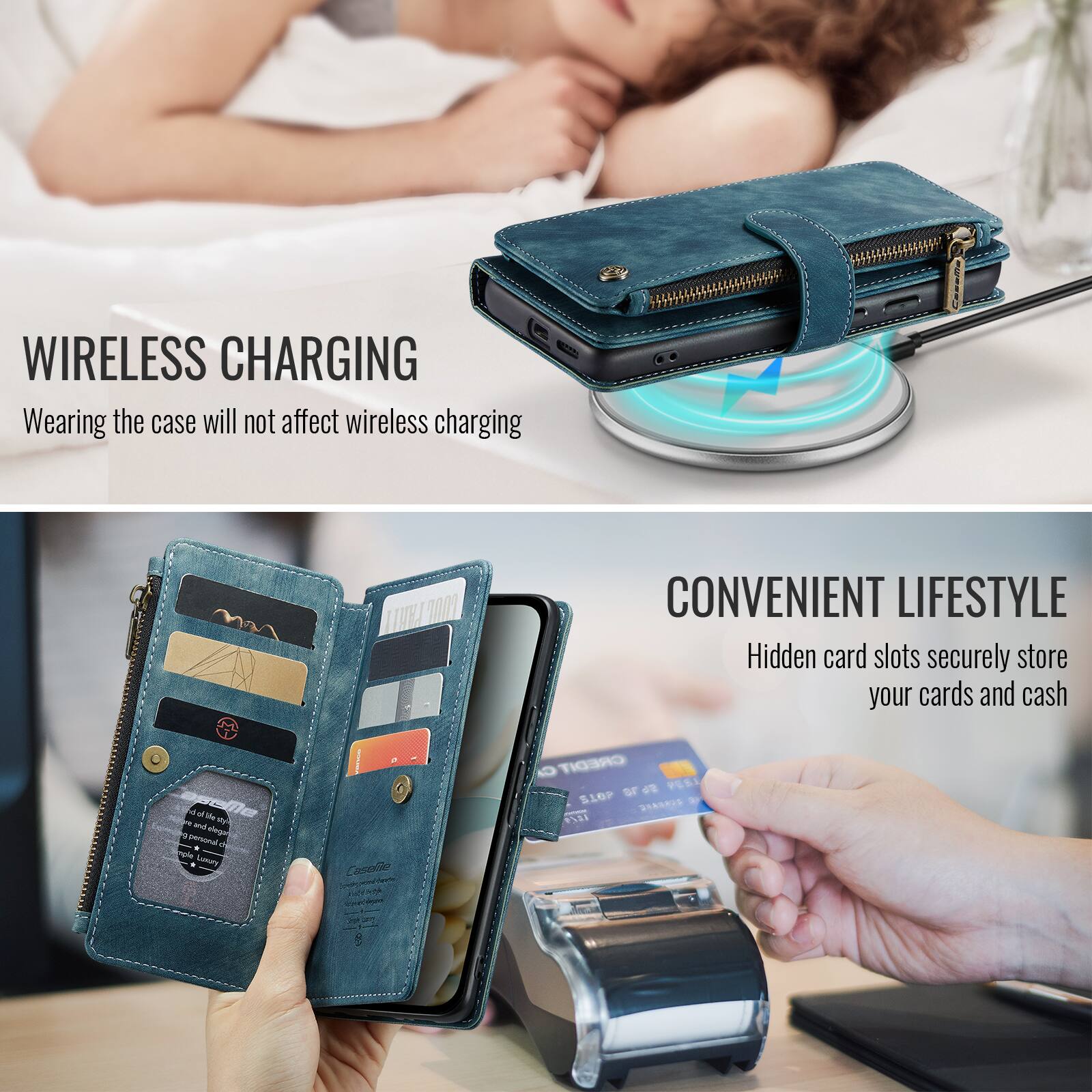 WIRELESS CHARGING  
Wearing the case will not affect wireless charging

CONVENIENT LIFESTYLE  
Hidden card slots securely store your cards and cash

t seme ol'ille tty and degan  personal 4 mple Uplay

CaseGe

CREDIT SLOP 678