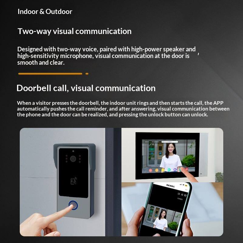 Indoor & Outdoor

Two-way visual communication

Designed with two-way voice, paired with high-power speaker and high-sensitivity microphone, visual communication at the door is smooth and clear.

Doorbell call, visual communication

When a visitor presses the doorbell, the indoor unit rings and then starts the call, the APP automatically pushes the call reminder, and after answering, visual communication between the phone and the door can be realized, and pressing the unlock button can unlock.
