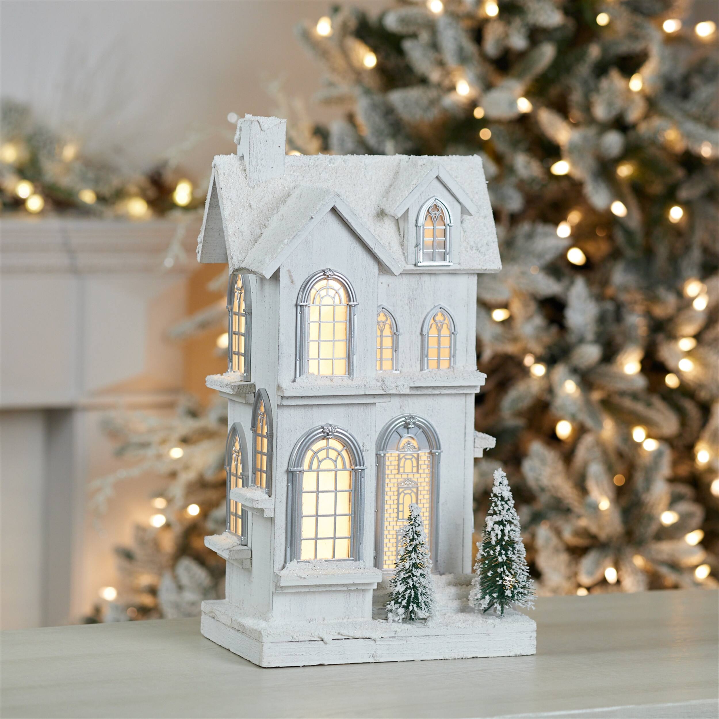 Angle. BreeBe - LED Flocked Wooden House 21.5"H - White, Green.