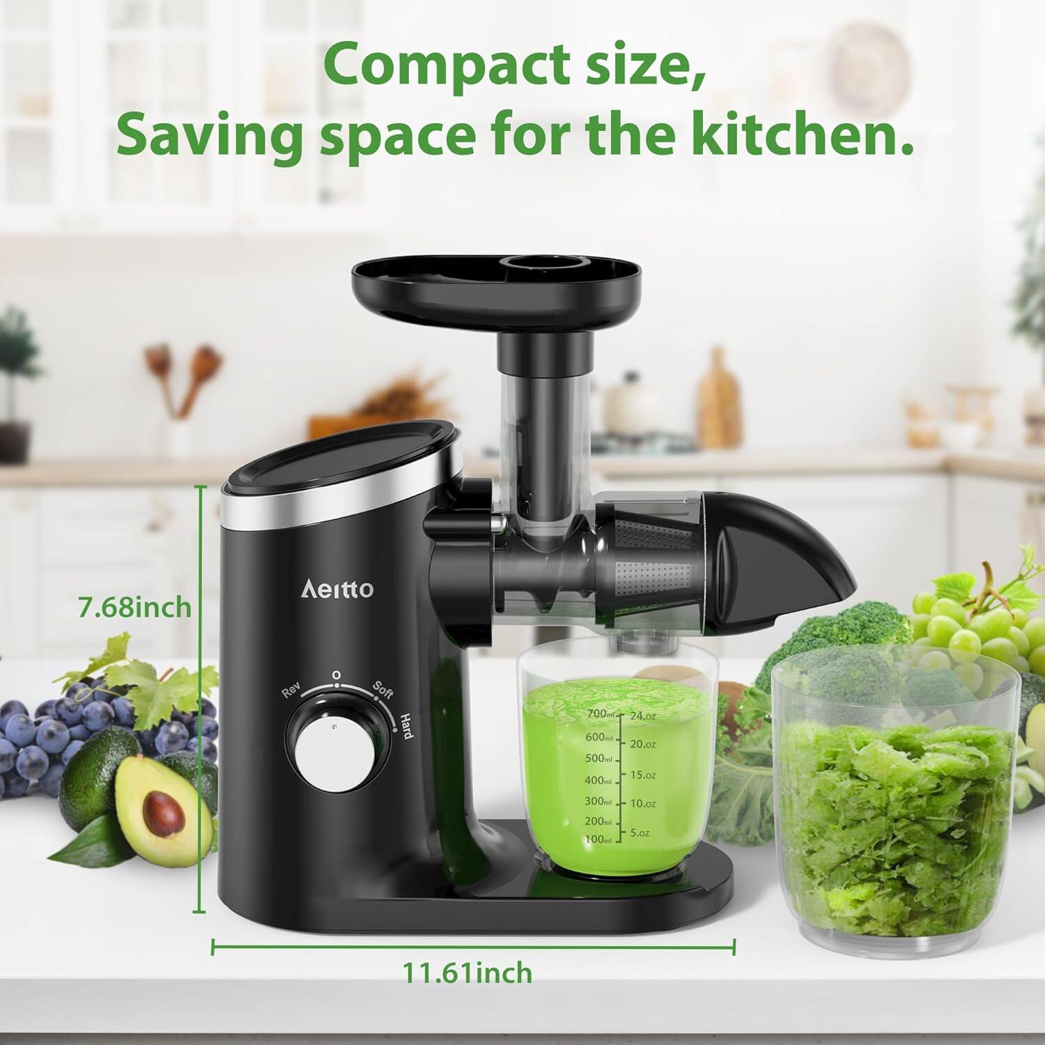 Compact size, saving space for the kitchen. 7.68 inch Aeitto Rev Soft Hard 700 600ml 500ml 400ml 24.0 oz 20.0 oz 15.0 oz 300ml 200ml 100ml 10.00 oz 11.61 inch.