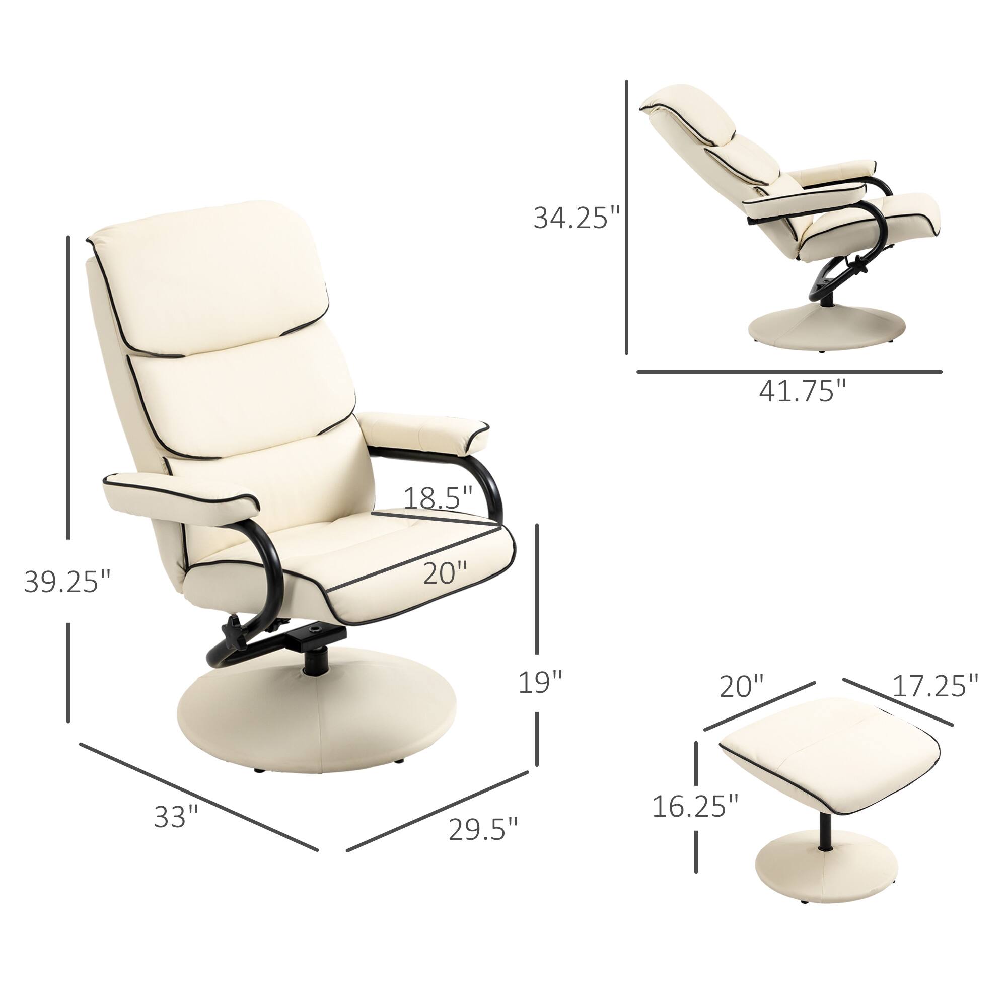 Height: 39.25", Width: 34.25", Depth: 41.75", Seat Width: 20", Seat Depth: 19", Armrest Width: 20", Armrest Height: 17.25", Back Height: 33", Back Depth: 29.5", Footrest Width: 16.25"
