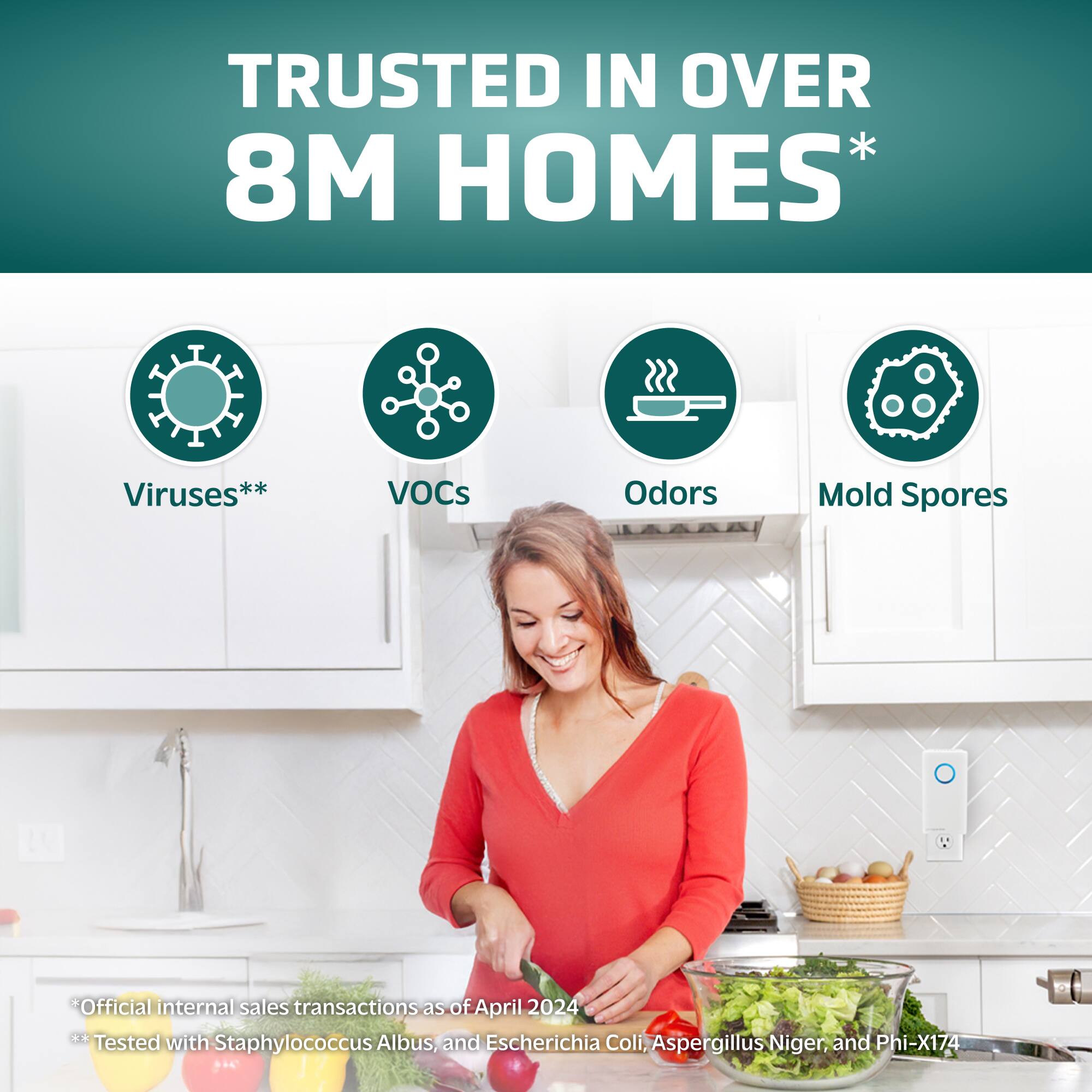 The text on the image is grouped and corrected as follows:

"Trusted in over 8M homes* Viruses** VOCs Odors Mold Spores *Official internal sales transactions as of April 2024 ** Tested with Staphylococcus Albus, and Escherichia Coli, Aspergillus Niger, and Phi-X174"