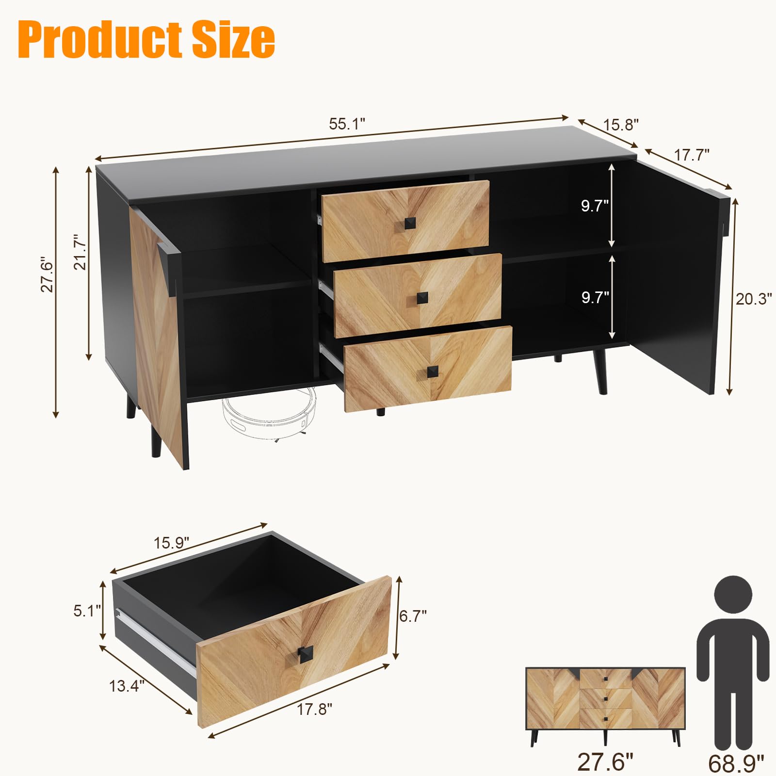 Product Size

- Length: 55.1"
- Width: 15.8"
- Height: 20.3"
- Drawer Height: 9.7"
- Drawer Width: 17.7"
- Drawer Depth: 15.9"
- Shelf Height: 21.7"
- Shelf Depth: 27.6"
- Drawer Box Length: 17.8"
- Drawer Box Width: 13.4"
- Drawer Box Height: 5.1"
- Drawer Box Depth: 6.7"
- Overall Height: 68.9"
- Person Height Reference: 68.9"